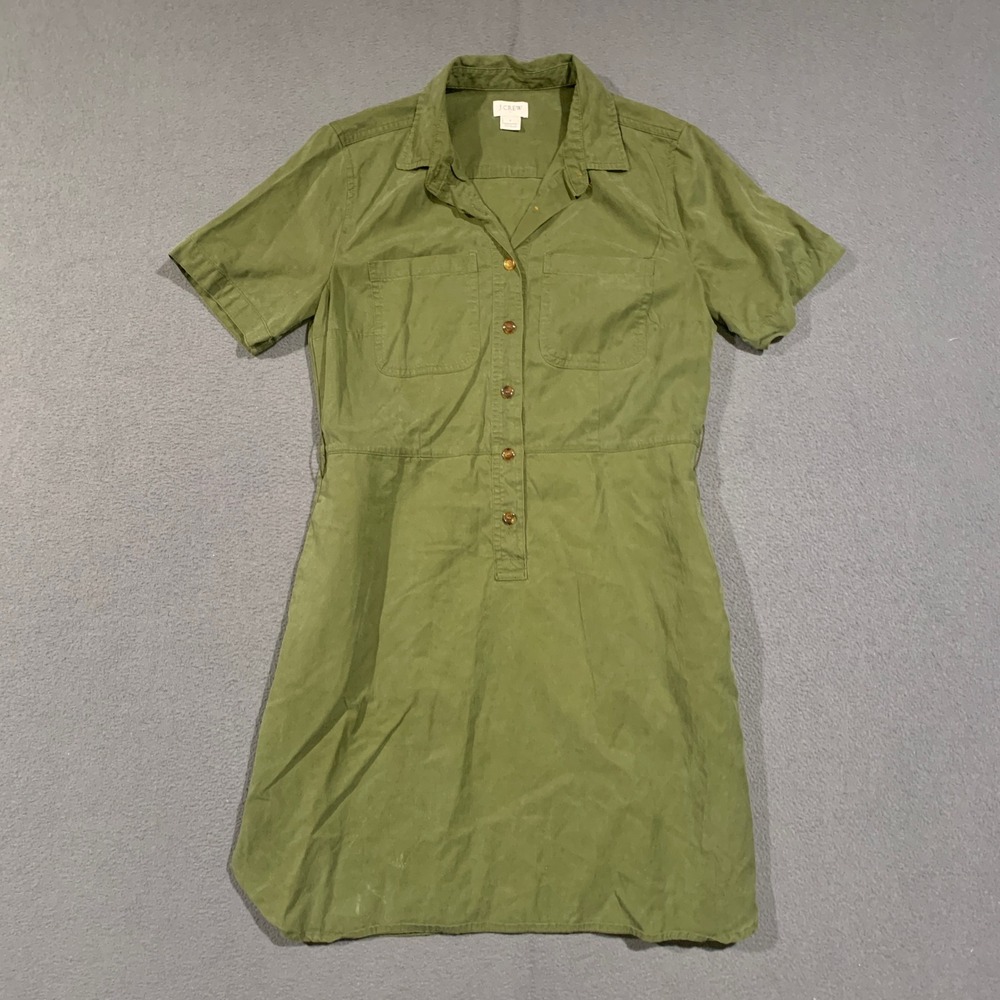 J. Crew Shirt Dress Womens 4 Olive Green Utility Safari Lyocell Cotton Dress